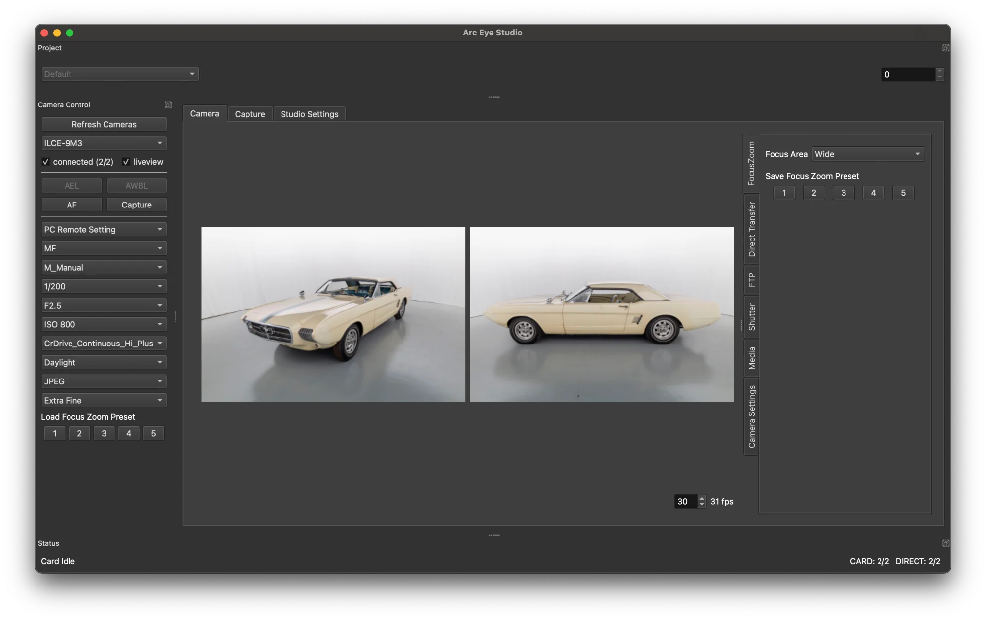 Arc Eye Studio controlling two cameras, with live view from each